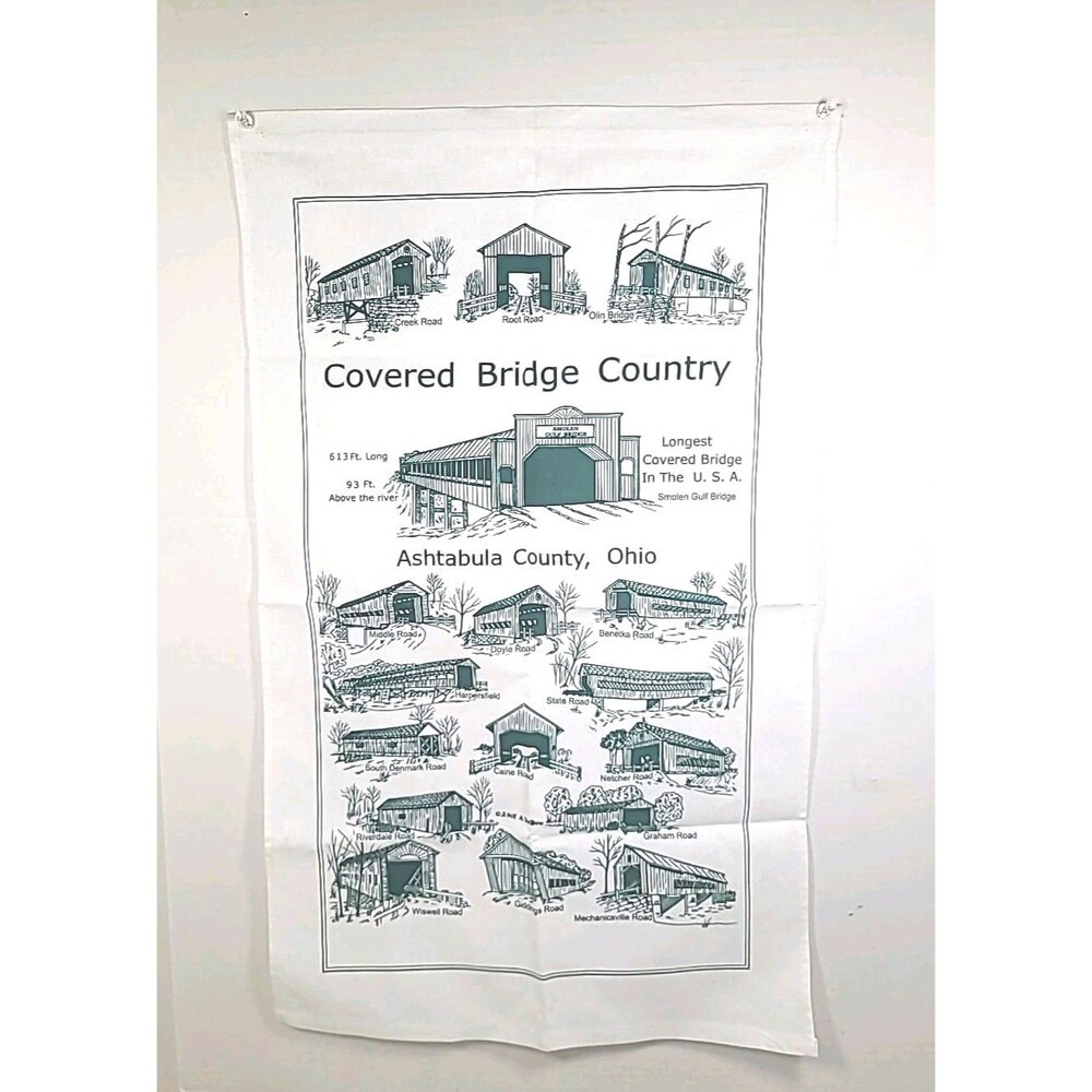 Vtg 1997 Ashtabula County Ohio Covered Bridges Hanging Kitchen Towel 16” x 27”